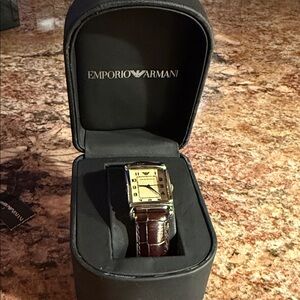 Emporio Armani Watch- Silver case with Tan Dial and Brown Leather Embossed Strap
